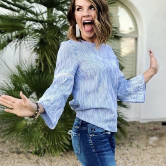 Stella & Dot Capri Striped Embroidered Top Peasant Blouse Size Medium - Picture 3 of 7